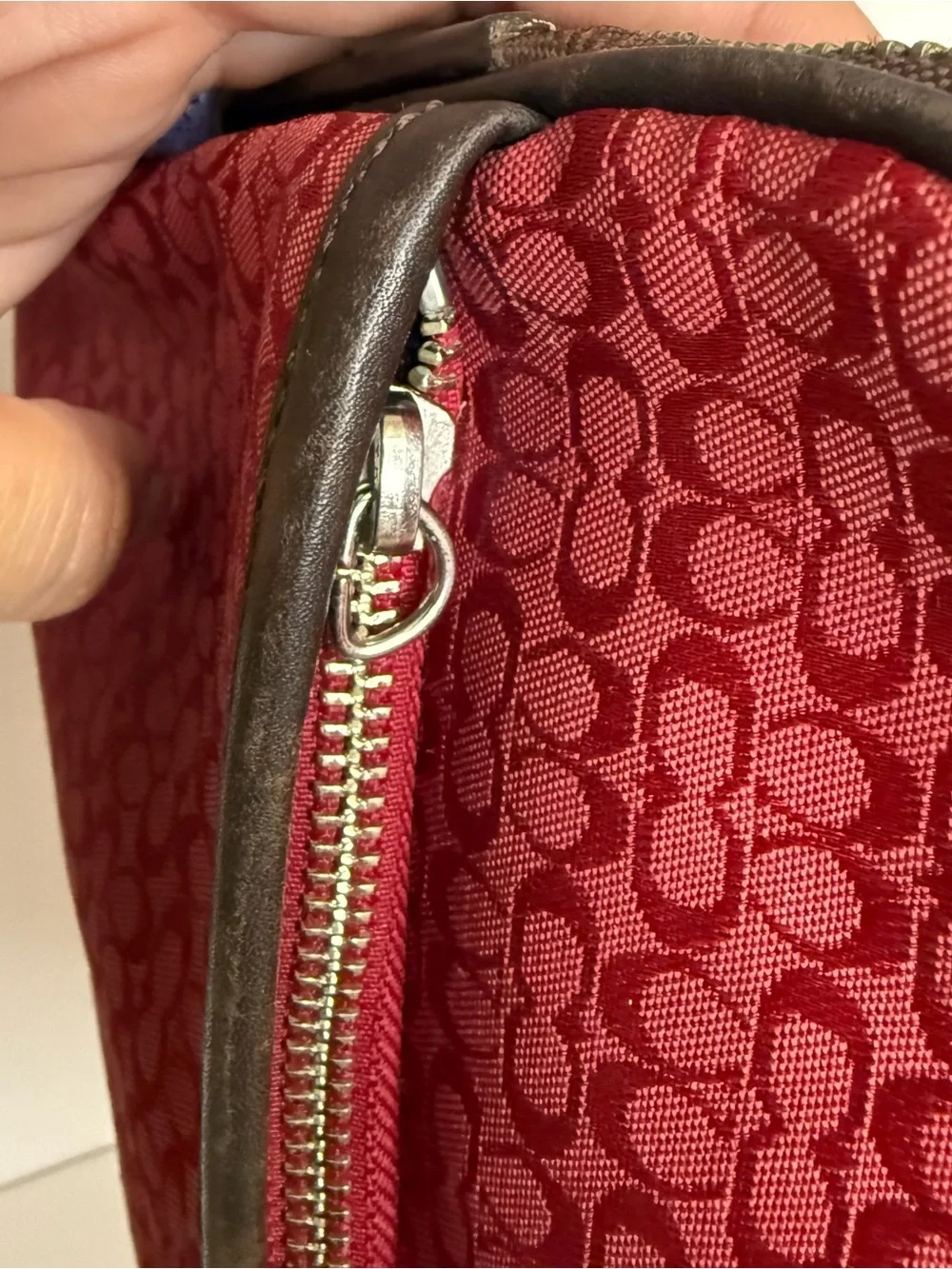 Coach Red Signature Canvas Cosmetic Case with Brown Leather Trim